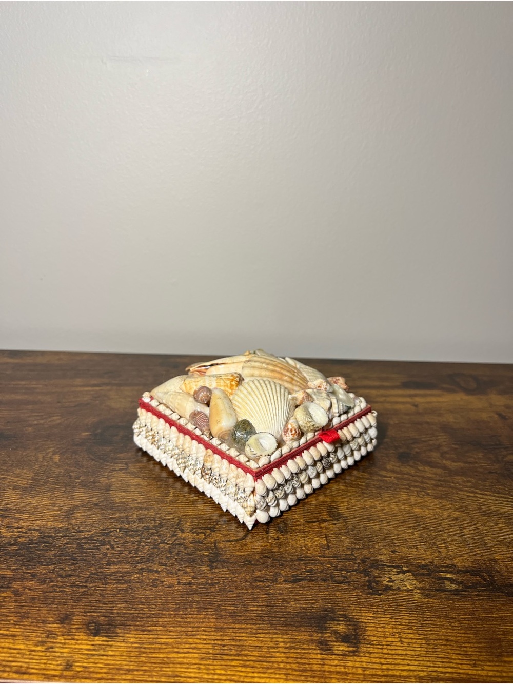 Vintage Shell Trinket Box with Red Accents